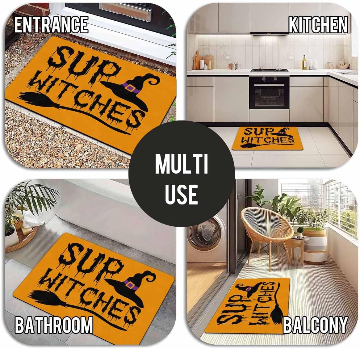 Whimsical Sup Witches -Halloween Welcome Door Mat Outdoor - 30 * 18 Inches - Doormat for Front Door - Witch Hat Floor Mat for Entryway,Bathroom,Porch,Indoor - Halloween Home Decor - Print Rubber Rug