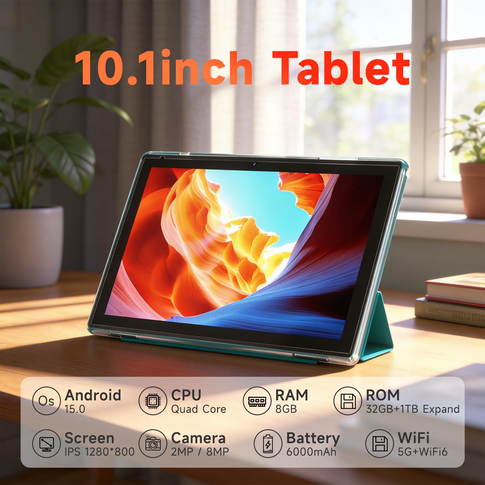 Android 15 Tablet, 25,7 cm (10,1 Zoll), 8 GB RAM, 32 GB Speicher, HD IPS-Display, 5G WiFi 6, 6000 mAh Akku, Dual-Kamera für Videoanrufe, Tab mit Hülle und Eingabestift für Arbeit/Studium, Tablet mit