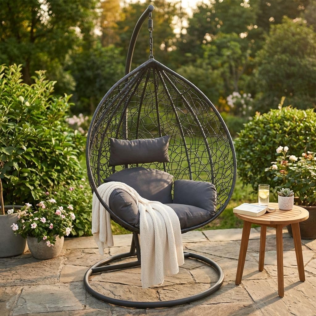 Milani Home - sedia sospesa da giardino in wicker e acciaio con cuscino, poltrona relax con struttura, nero
