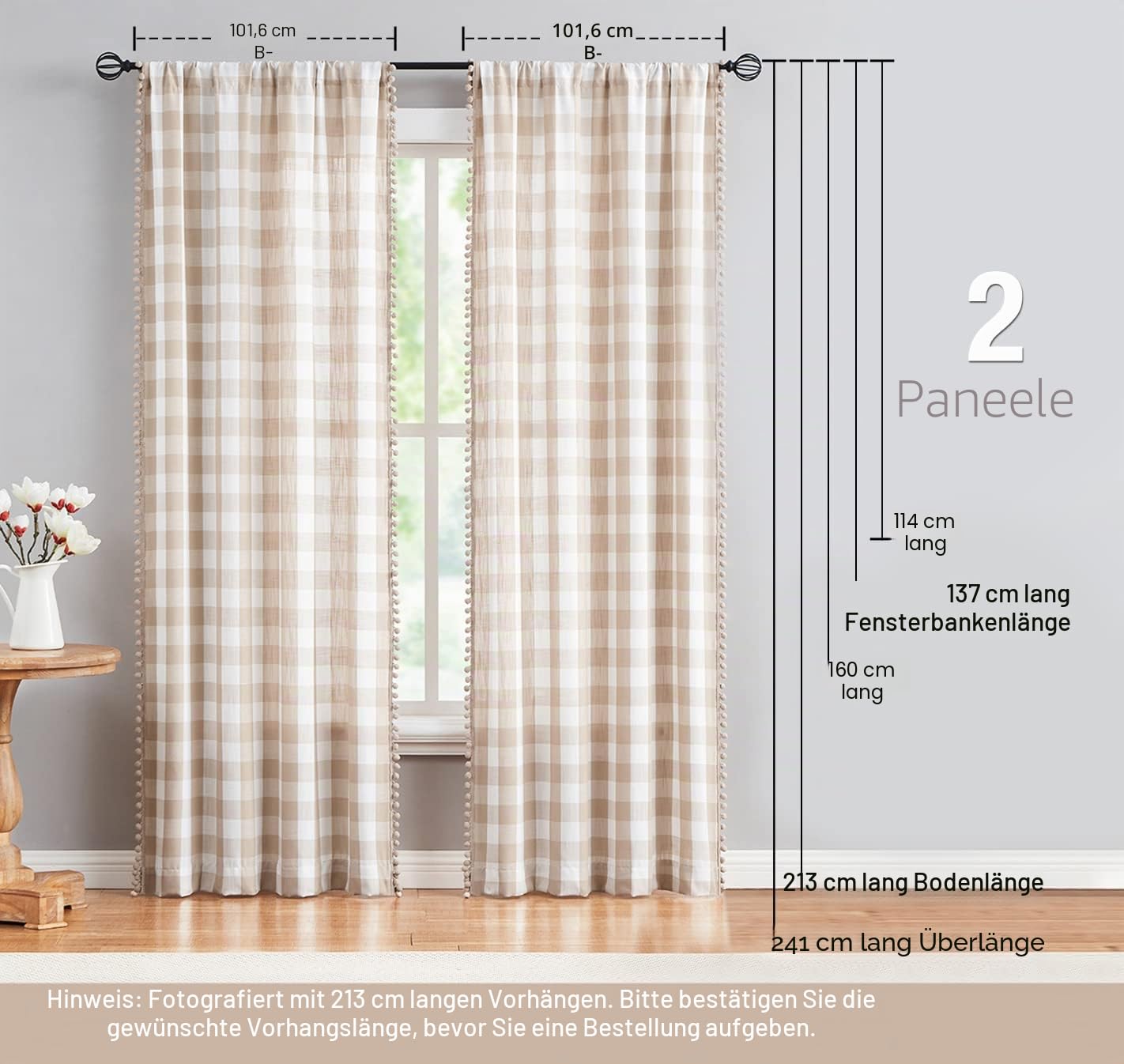 Treatmentex Hellbraune Buffalo Plaid Vorhänge Pom Fenster für Wohnzimmer Schlafzimmer rustikales Bauernhaus Gingham Karomuster halbtransparente Fenstervorhänge, Taupe Weiß Rod Pocket 2 Stück