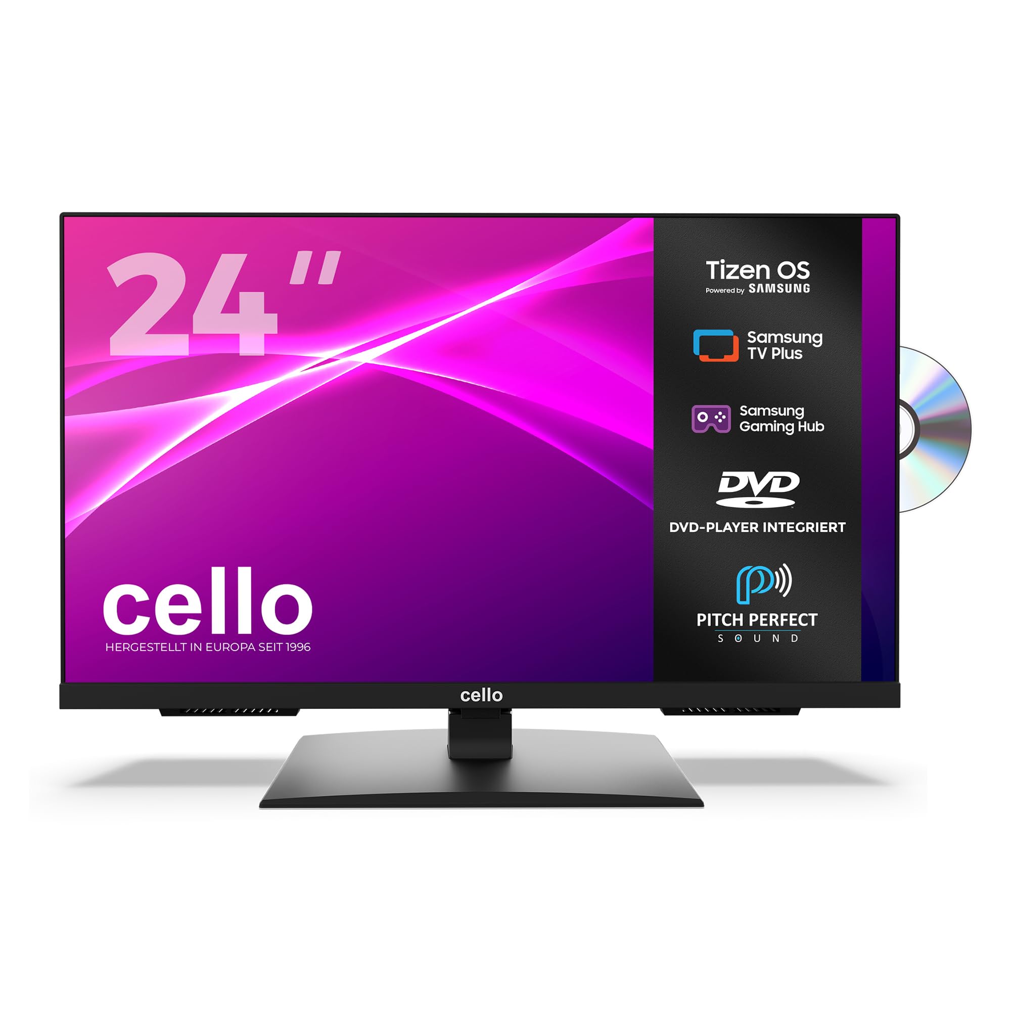 Cello C2426TZF 24 Zoll Smart-TV mit DVD-Player, Tizen OS von Samsung, Gaming Hub, Bluetooth, Triple-Tuner, Pitch Perfect Sound