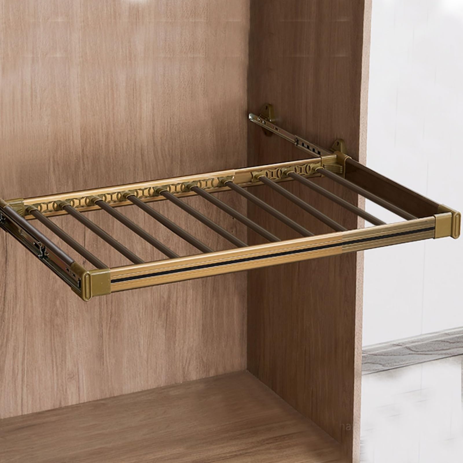 OLSKFUH Pull-Out Trouser Rack Removable Pull-Out Rack Wardrobe Storage Expandable Space Saving Drawer-Style Hanger Rod Rolling Trolley,Adjustable Sliding Trouser Rack For Wardro,Champagne-85-120cm