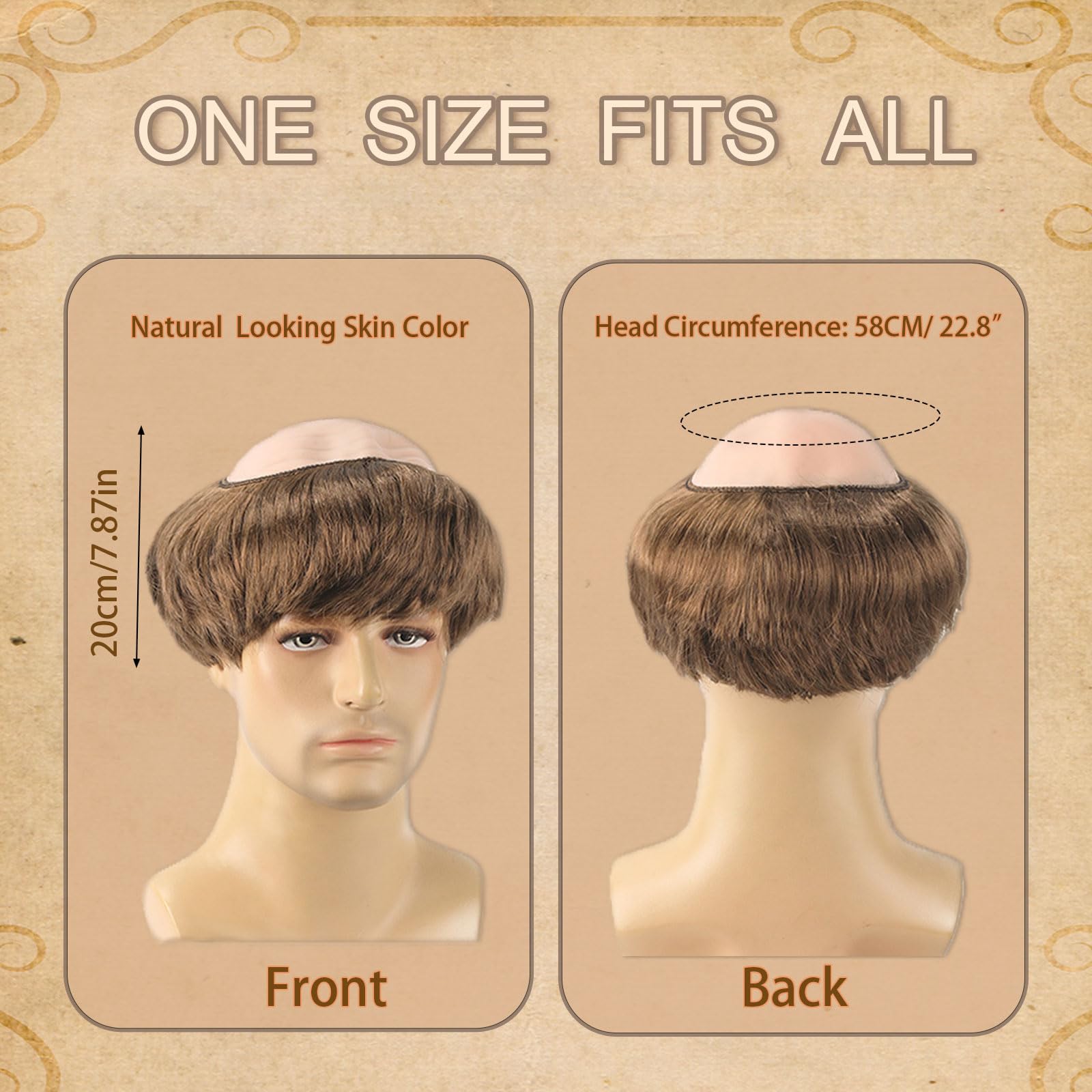 FOUNSHO Monk Bald Cap Wig Short Straight Hair, Men's Fancy Dress Bowl Cut Funny Wig - Image 2