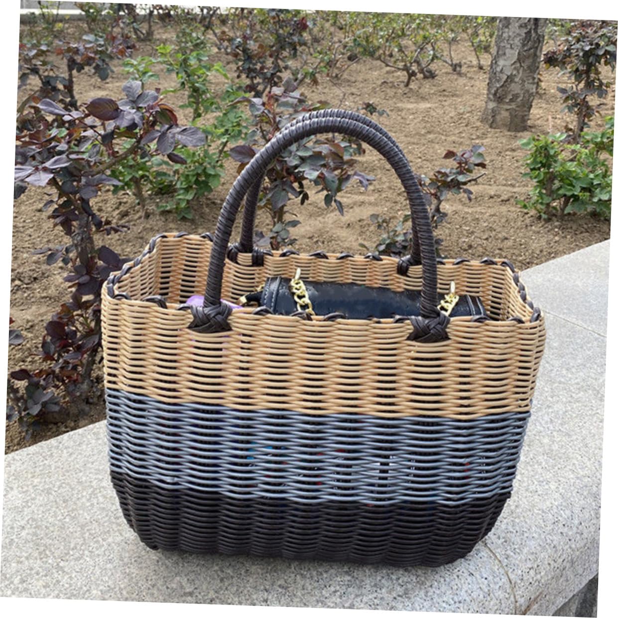 Panier à provisions en plastique avec poignée en plastique tissé Panier de transport Panier de plage Panier de rangement pour légumes, fruits, jouets, pique-, shopping en plein air