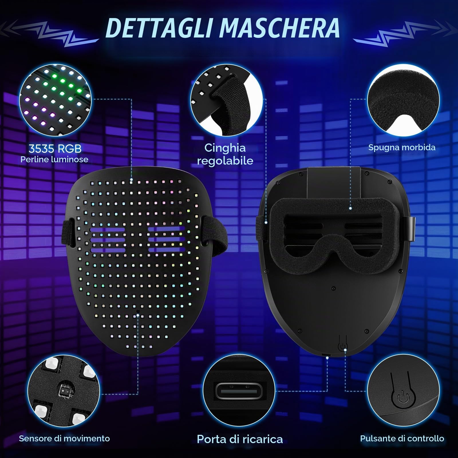 LED Mask Brillante Maschera di Halloween Spaventosa 25 Animazioni, 25 Immagini Interruttore di Induzione per Feste Maschera di Purga Regalo di Carnevale
