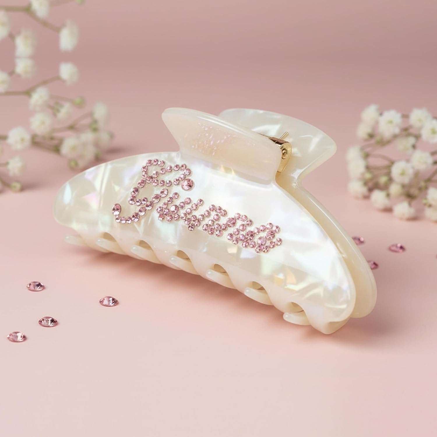 Large Hair Claw Clips for Women, Custom Name Banana Clips, Personalized Handmade Rhinestone Letter Claws on Both Sides, Claw Hair Clips Birthday Day Valentine's Day Gifts for Mom Wife (Shell White)