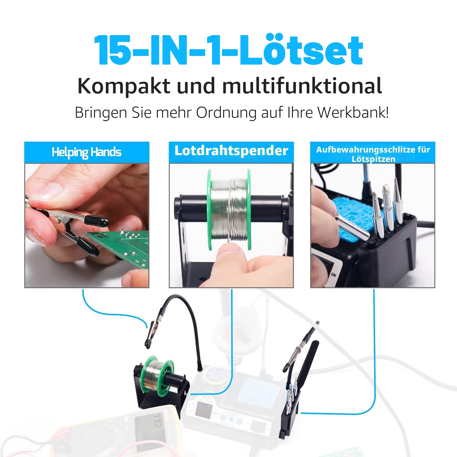 WEP 927-IV V1 lötkolben Set 110W, 3 voreingestellten Kanälen, Schlafmodus, LED-Vergrößerungsglas, 5 zusätzlichen Lötspitzen, Spitzenreiniger, 2 Helferhände, bleifreies Lötzinn, Pinzette (EU Stecker)