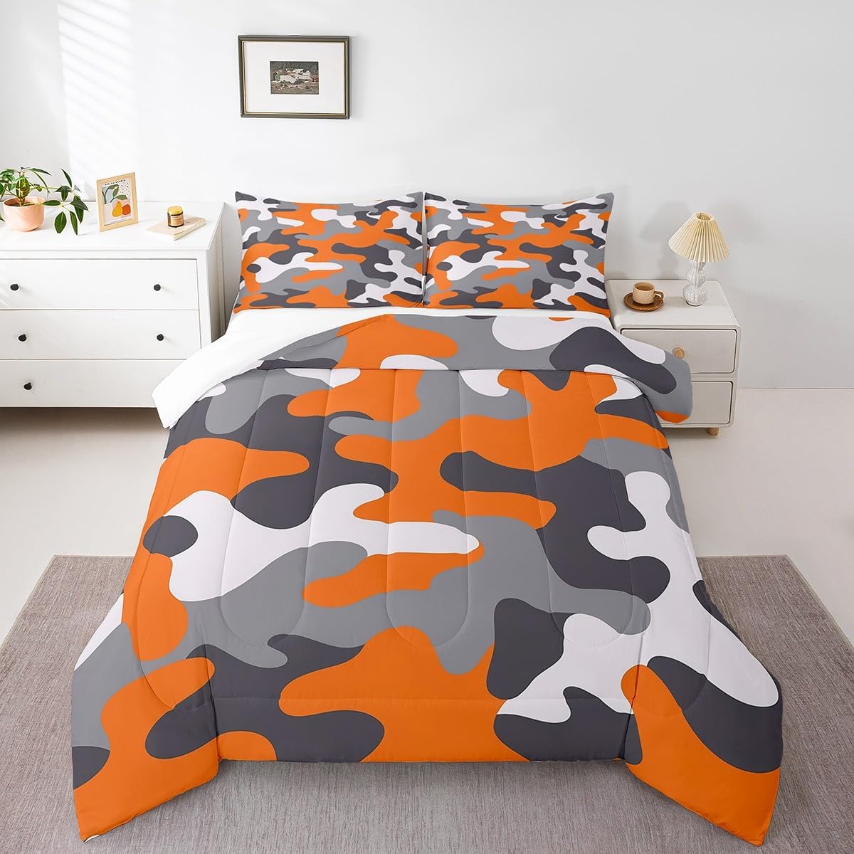 Erosebridal Kids Teens Camo Comforter Set,Boys Camouflage Bedding Sets Twin,Orange Grey White Colorful Pattern Style Quilt Set,Farmhouse Militarily Duvet Insert with 1 Pillowcase Bedroom Decor