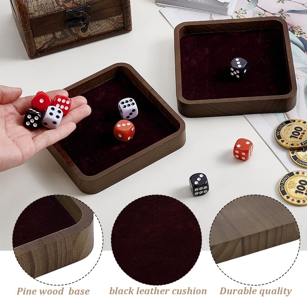 2pcs Wooden Dice Tray Square Dice Rolling Tray Small Portable Board Games Trays PU Leather Holder Storage Box for Table Board Games and Small Items for Party Home Bar (Brown)