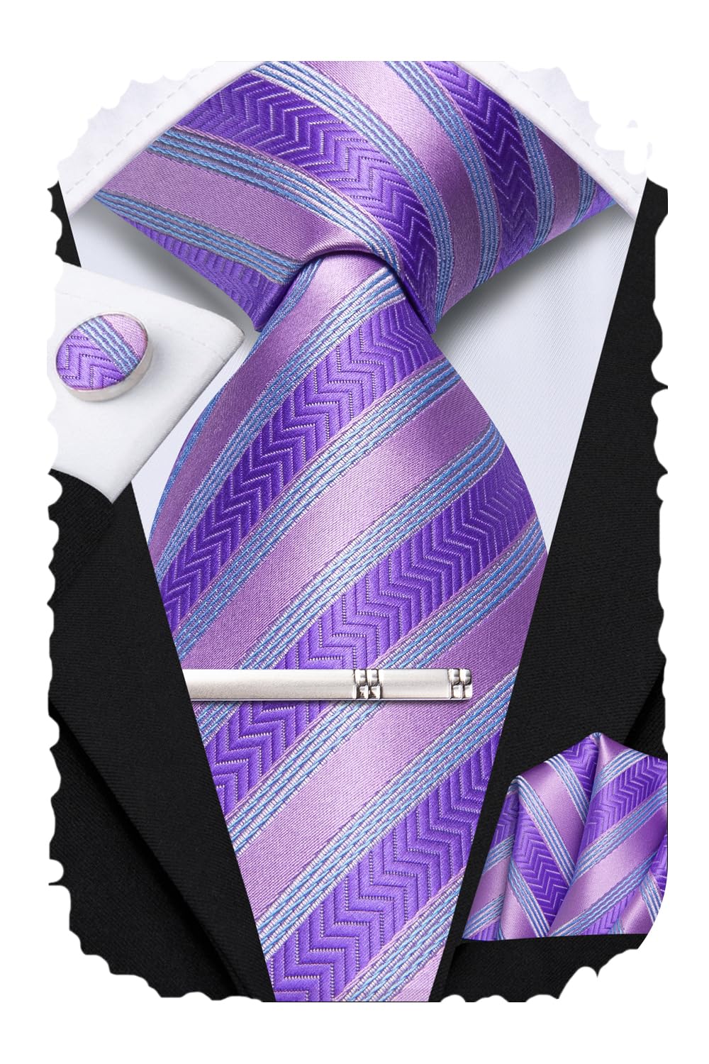 Hi-TieClassic Mens Silk Ties Set 4 PCS Necktie Pocket Square Cufflinks Clip Pin Solid Strip Paisley Tie