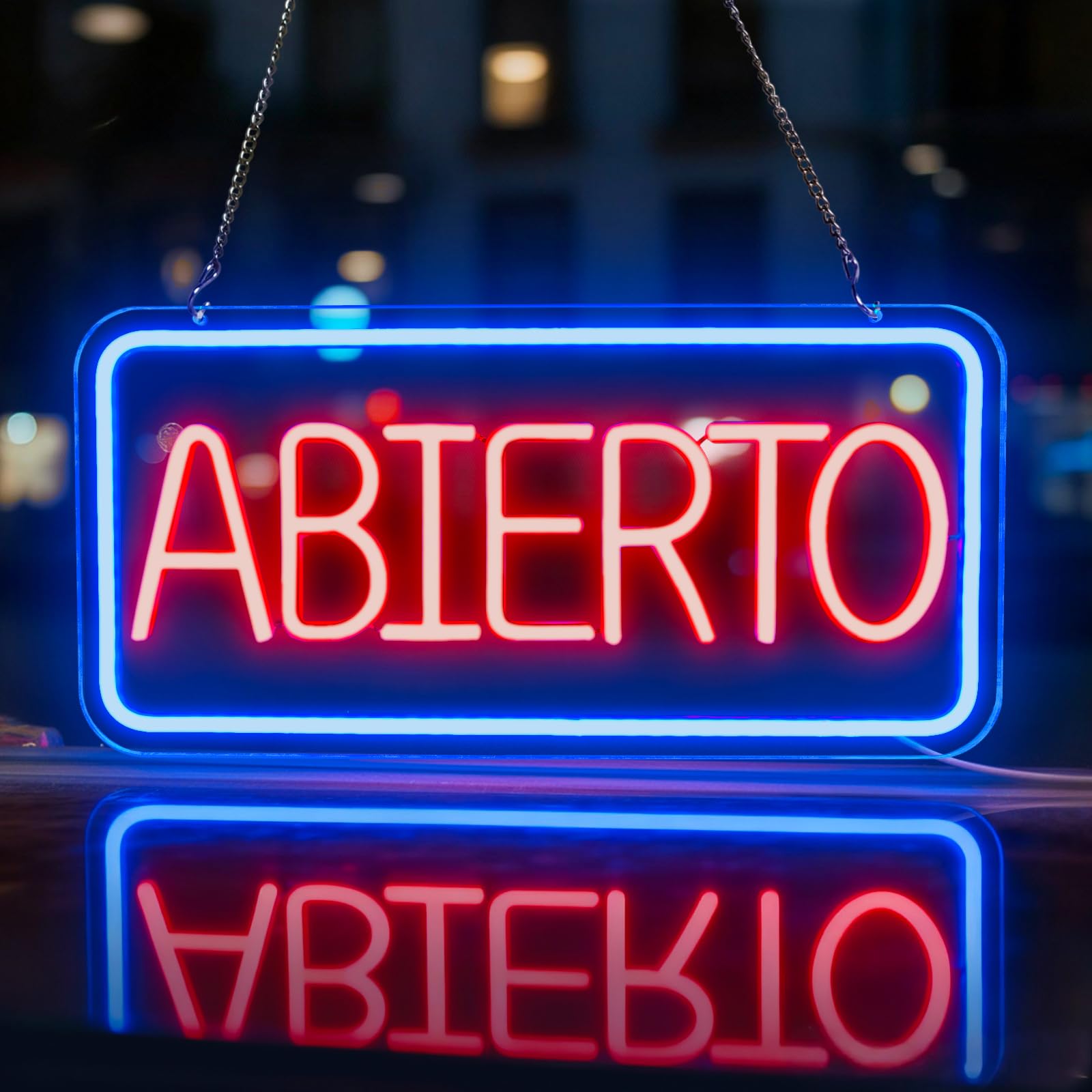 Señales luminosas ABIERTO neón, Cartel de Luz Roja con Marco Azul para Tiendas, Restaurantes, Bares, y Cafeterías, Letrero LED Abierto con interruptor regulable para Decor Comercial y Hogar
