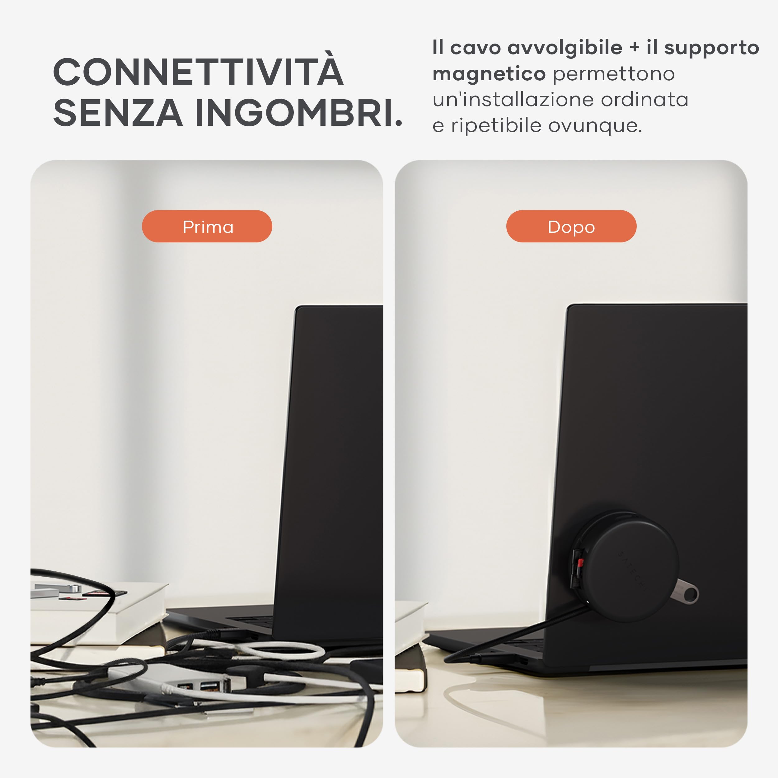 SATECHI OntheGo™ Hub USB-C Magnetico 7 in 1 con Cavo Avvolgibile, PD 100W, HDMI 4K@60Hz, Ethernet, 2×USB-A 5 Gbps, SD/microSD per MacBook Neo/Air/Pro, Laptop e iPad – Nero | PD 100 W, Gigabit Ethernet, due porte tipo A 5 Gbps, lettore SD/microSD, cavo a s