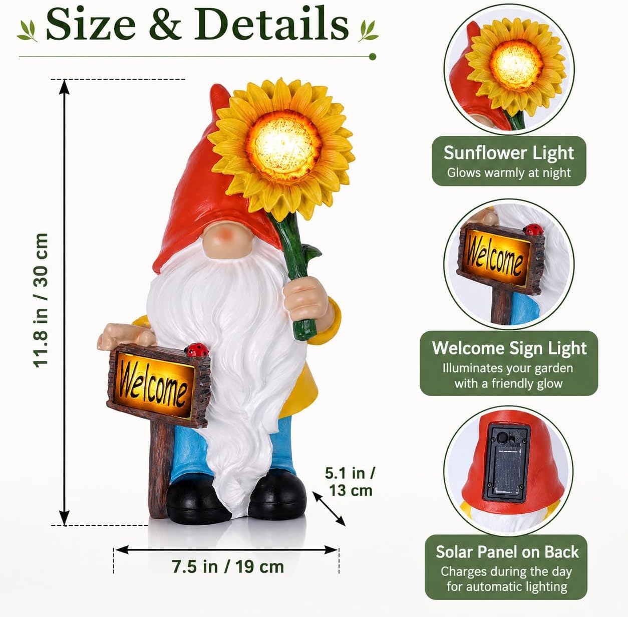 suruim Estatua de gnomo de jardín con luces LED, figura de Tomte Nisse de resina de girasol de 12 pulgadas con letrero de bienvenida, decoración de jardín al aire libre para patio, césped, patio