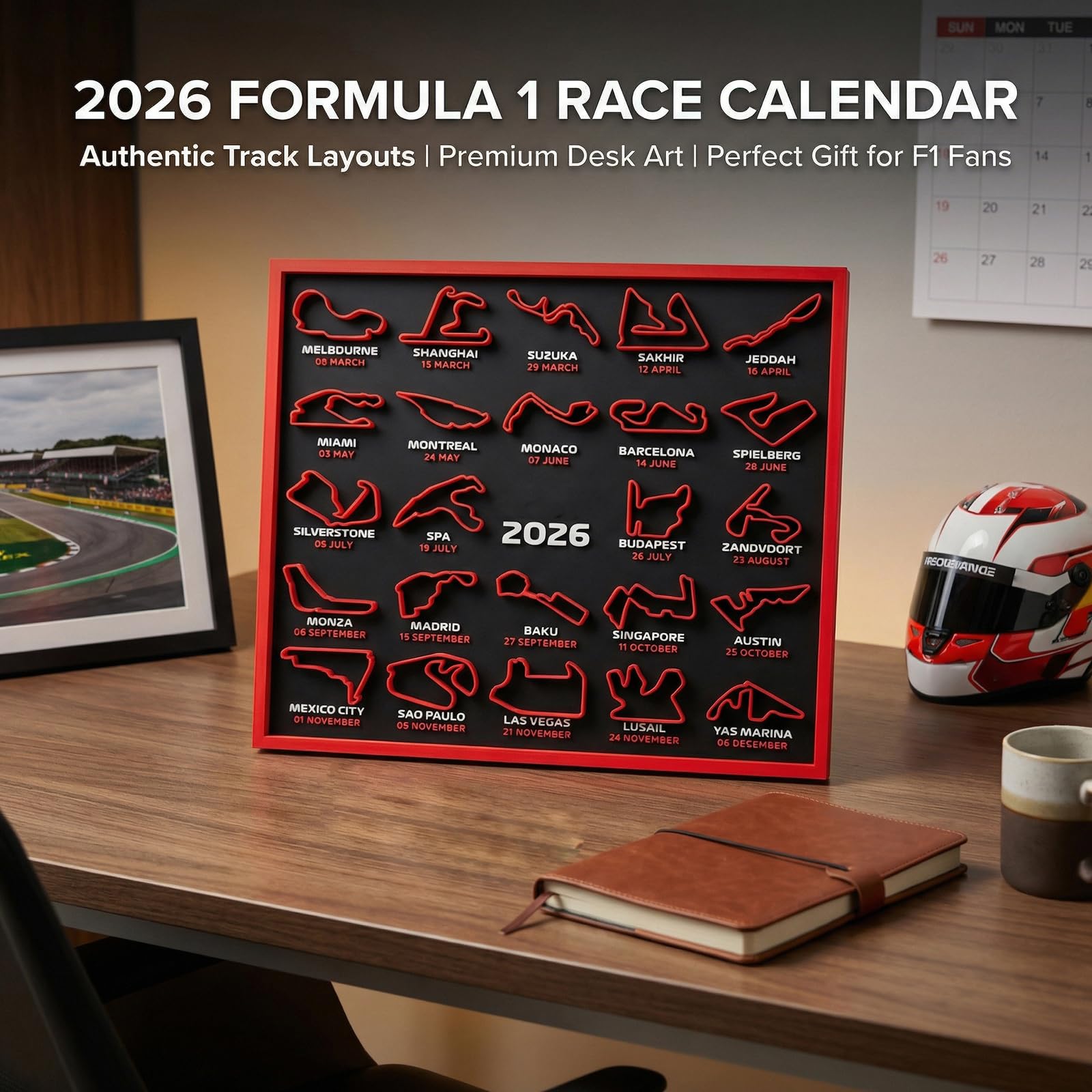 Calendrier de compétition 2026 Motorsport imprimé 3D Calendrier de suivi des dates de tournoi pour fans de sport Collector Wall Deck