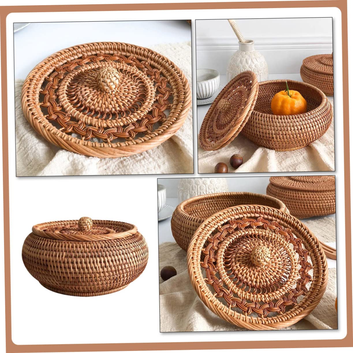 Cestino Porta Dolci in Rattan Intrecciato a Mano Coperchio Ventilato, Robusto e Versatile per Conservazione di Snack e Frutta in Studio o Camera da Letto