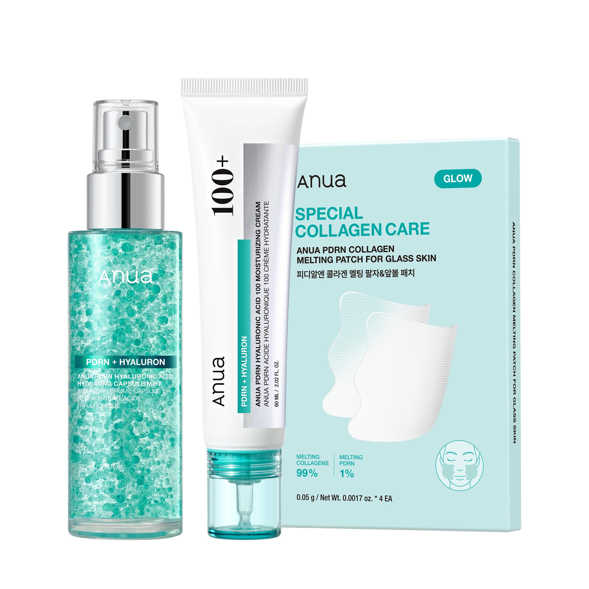 PDRN Collagen Glass Skin Trio, PDRN Salmon DNA Serum Spray, Collagen Patch Facial Fine Line & Cream, Complete Glow Routine, Face Mist with Special Patch Duo, Korean Skincare Set