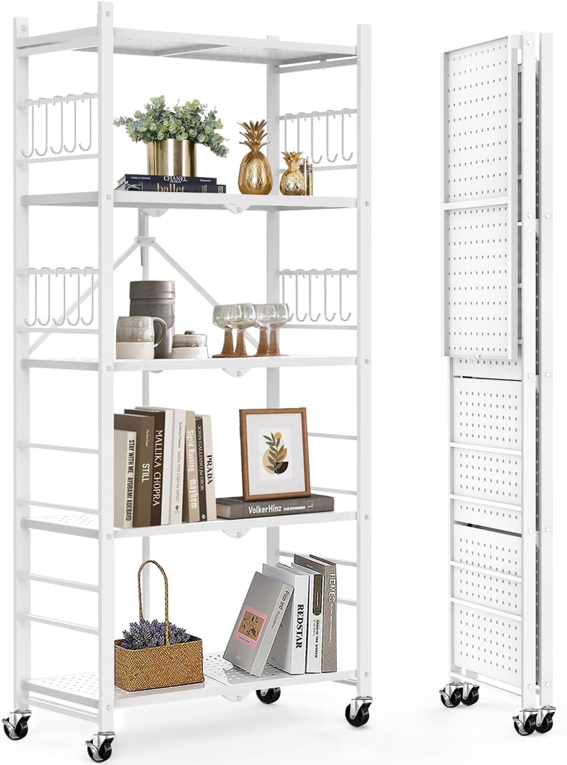 Himix 5-Tier Storage Folding Shelf with 20 Hooks, 4 Wheels, and Adjustable Feet, Stainless Steel 5-Tier White