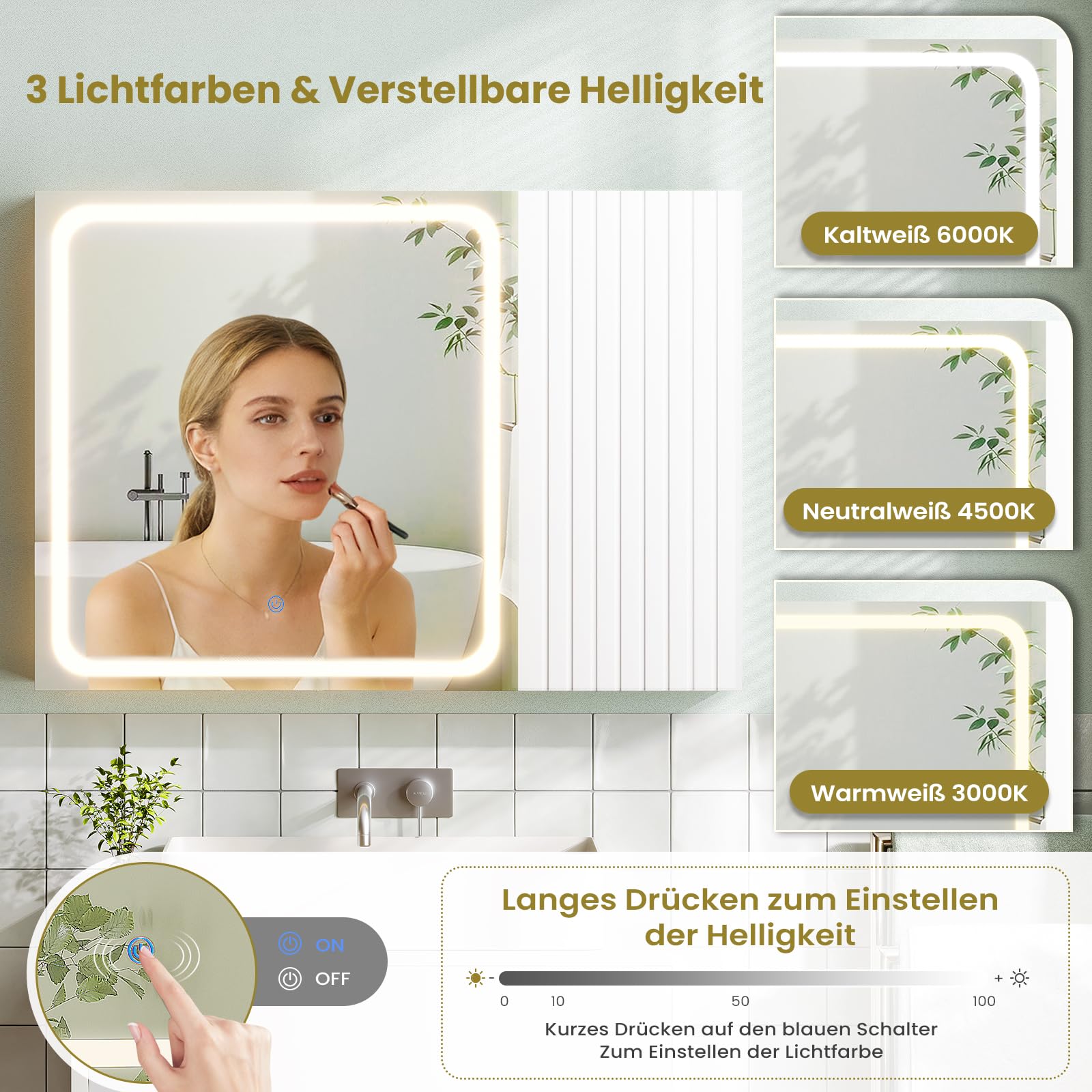 Armoire Murale Salle de Bain avec Éclairage LED et Miroir HD, Armoire de Toilette avec Étagères Réglables, 3 Températures + Intensité Réglable, Meuble de Salle de Bain, Blanc 16 x 60 x 80 cm