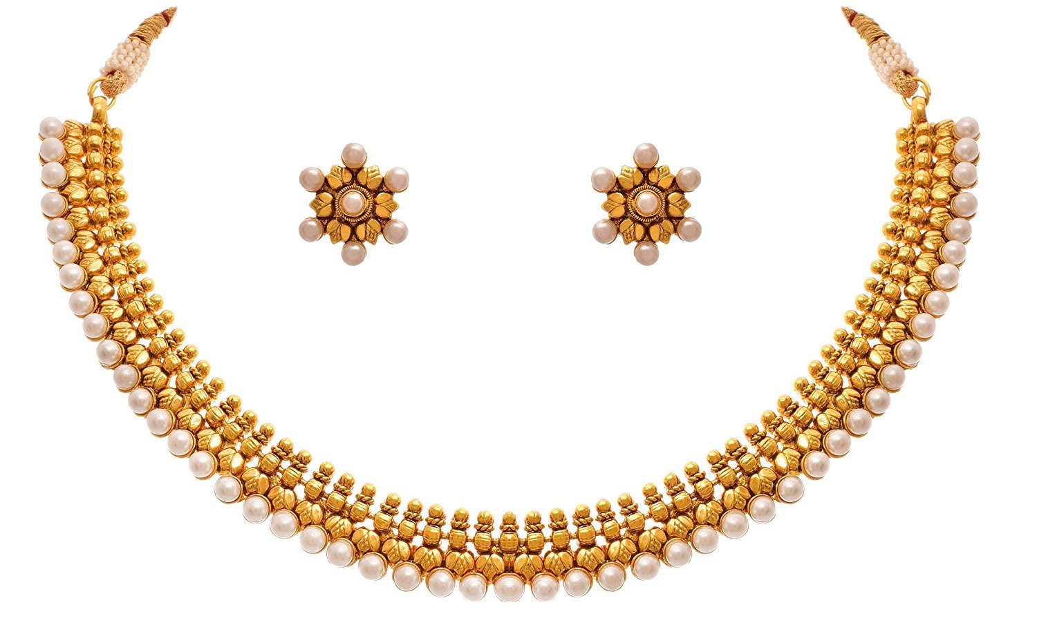 Jewellery for Less Traditional Ethnic 1g Gold Plated White Pearls Designer Necklace Set for Women,Valentine