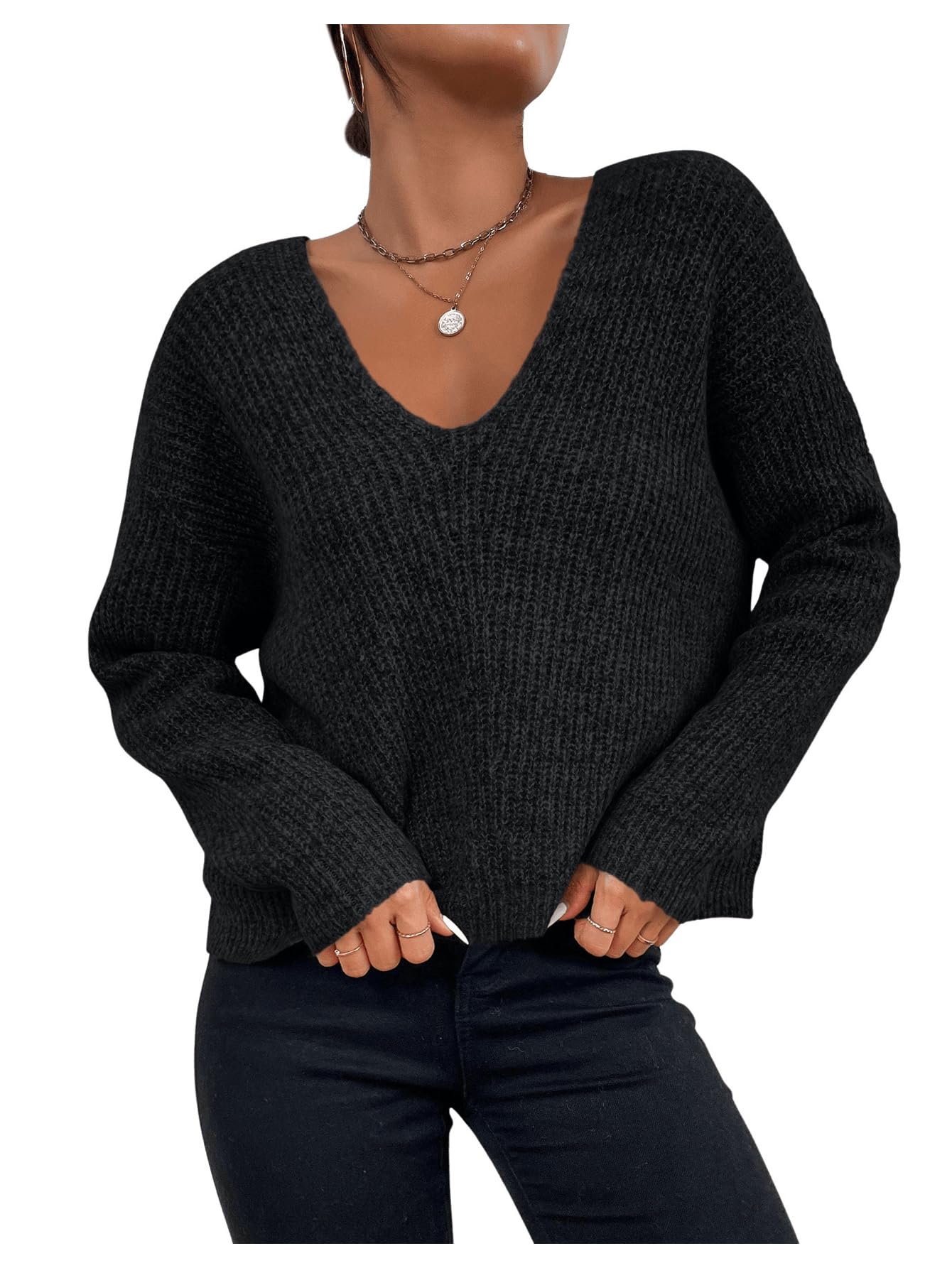 SHENHE Womens V Neck Chunky Sweater Long Sleeve Drop Shoulder Loose Knitted Pullovers