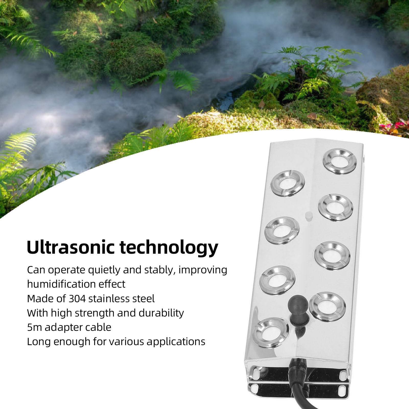 Nebulizzatore ad ultrasuoni a 8 Teste, Alimentatore Impermeabile Ip67 con Cavo 5 m, Creatore di Nebbia ad ultrasuoni 4,5 l/H per paesaggi Dc45 a 48v
