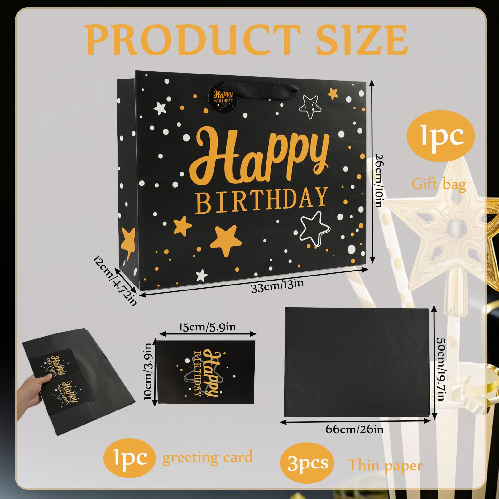 LUCTHY Large Birthday Gift Bag with Handles, 3 Tissue Papers, Card, Black-1 - Image 2