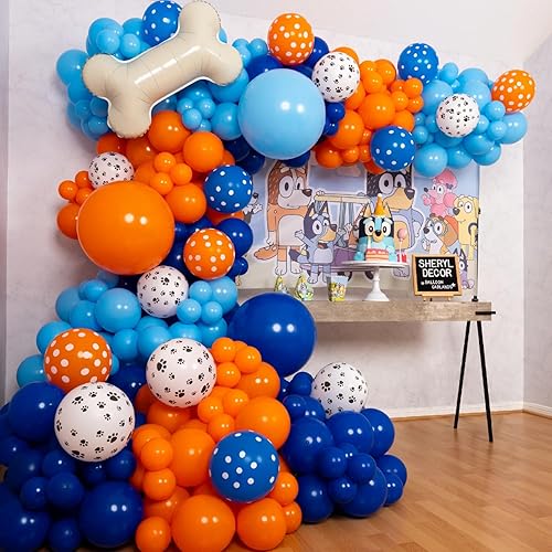 Miniatura 1 de Kit de arco y guirnalda de globos azules todo en 1 con hueso de perro  Globos azules pequeños y grandes para fiesta de cumpleaños en azul y naranja