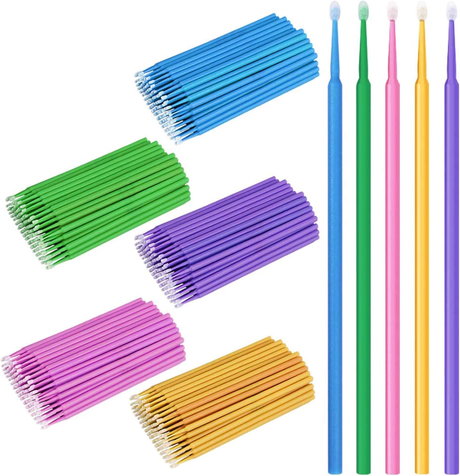 500 PCS Disposable Micro Applicator Brush Bendable Makeup Brush Mascara Brush for Eyelash Extensions, 5 Colors (Head Diameter: 2.5/2.0/1.5 mm)