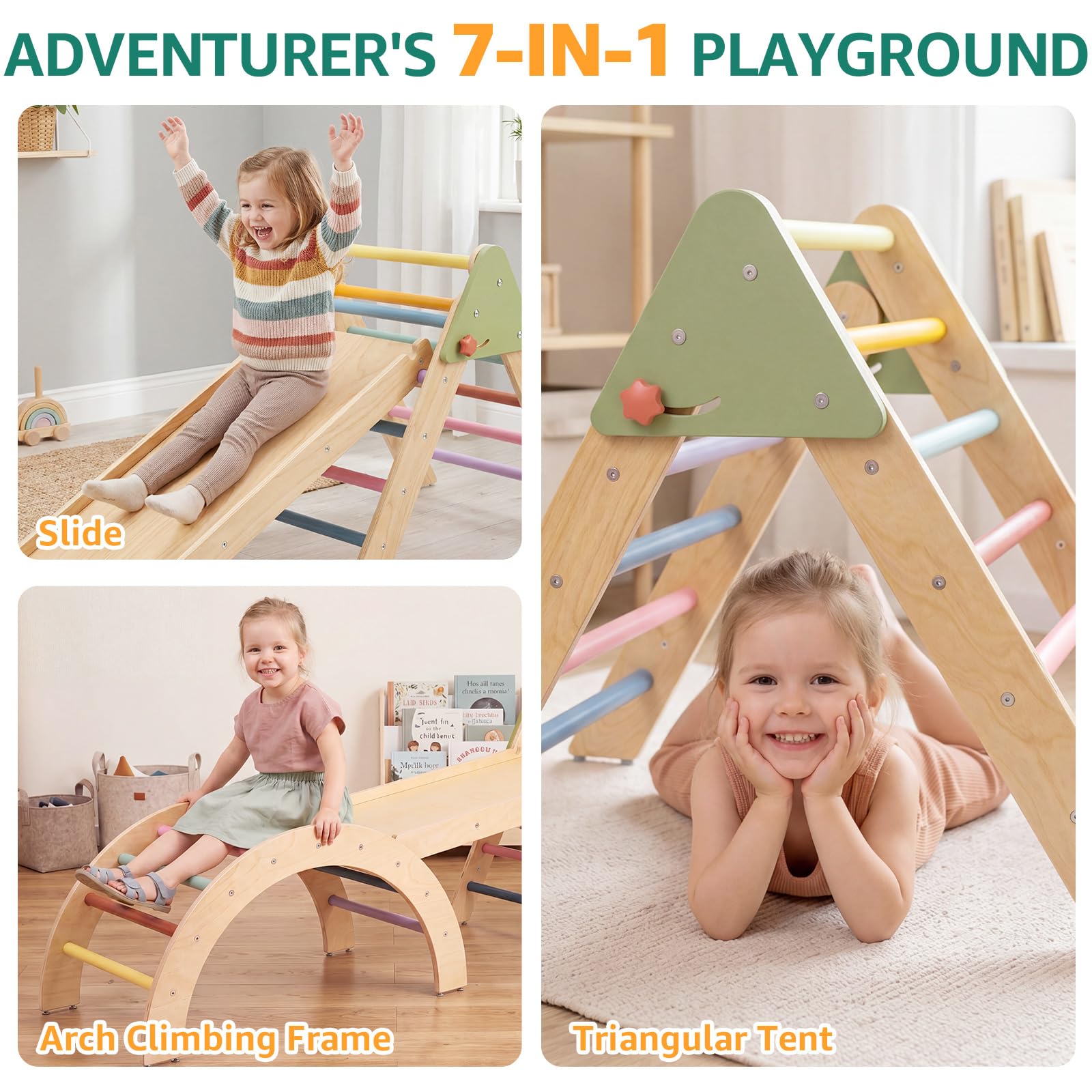 Montessori Klettergerüst Indoor Set, 7-in-1 Holz Kletterspielzeug, Faltbares Pikler-Dreieck-Set mit Rutsche, Leiter & Spielbogen, Indoor Spielgerät für Babys & Kinder 1-3 Jahre - Regenbogen