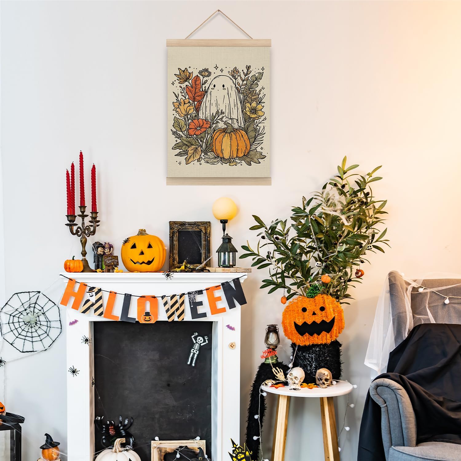 Z0FGU0 Fall Pumpkin Ghost Halloween Wall Art, Rustic Autumn Fall Floral Botanical Poster Hanger Frame, Spooky Halloween Ghost Wall Decor for Home Living Room Bedroom, 12x16 Inch