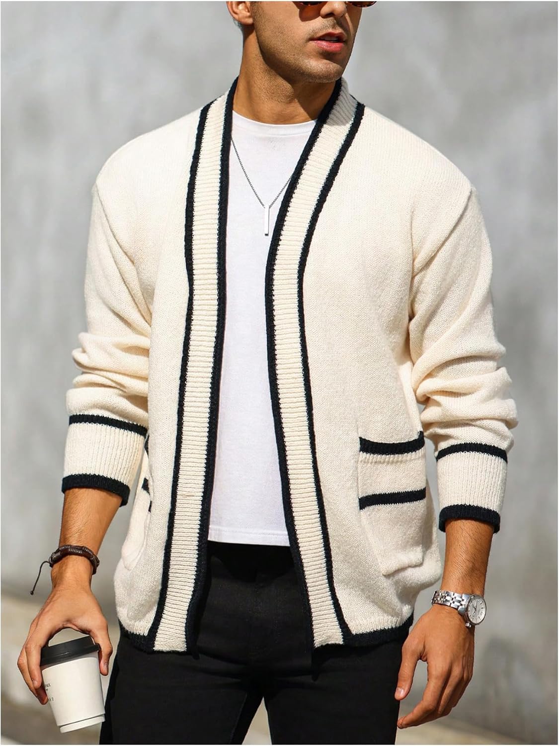 Floerns Men's Long Sleeve Cardigan Sweaters Vintage Open Front Knitted Sweaters