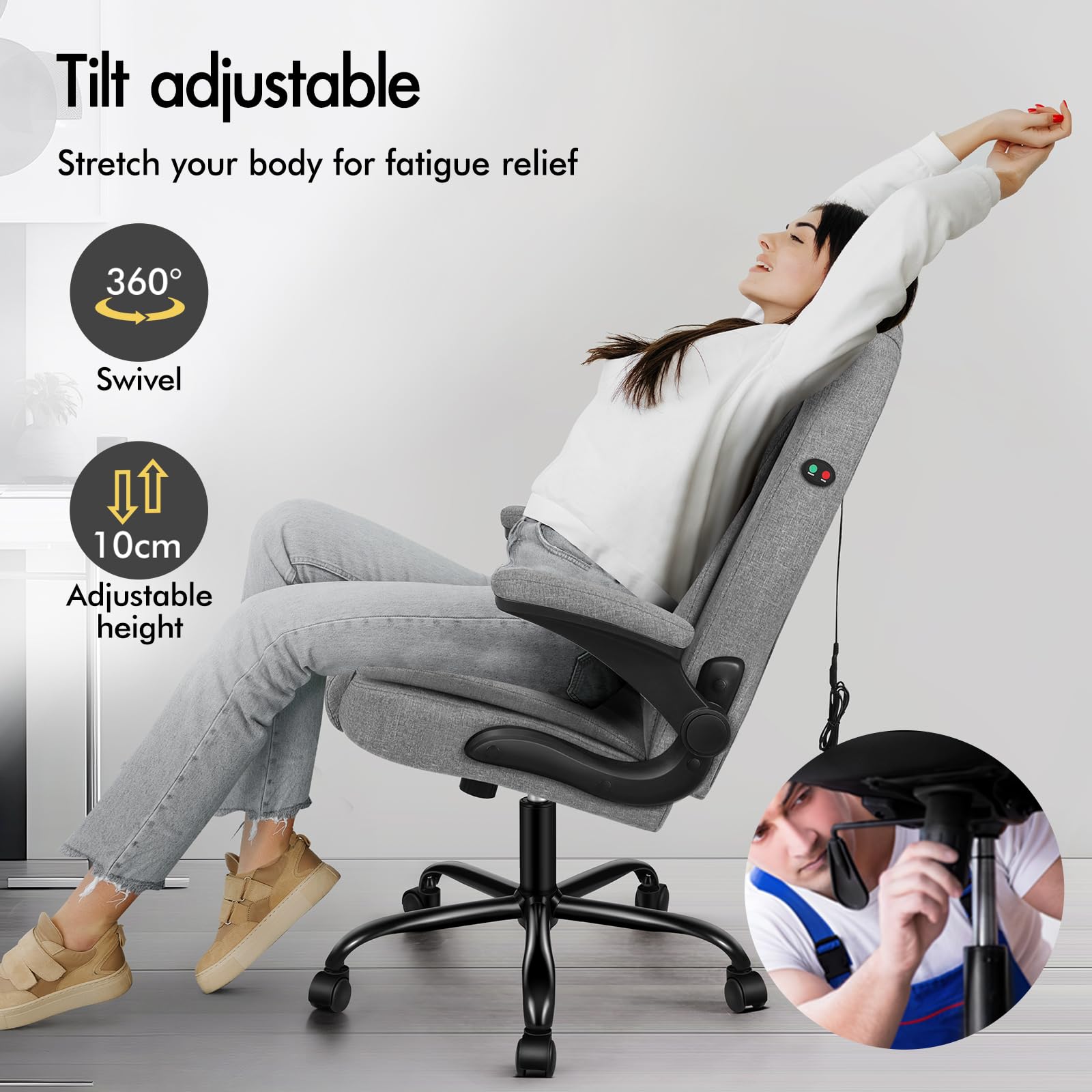 ALFORDSON Ergonomiczne krzesło biurowe z masażem, krzesło biurowe wykonawcze z wysokim oparciem, składane podłokietniki, funkcja przechylenia, do recepcji, domu, komputera, gabinetu, tkaniny lnianej