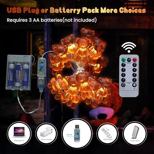 Miniatura 2 de BELNIAK Bonito oso de peluche marrón para decoración de Navidad, guirnalda de luces de hadas, regalos novedosos de 8.5 pies, enchufe USB o batería