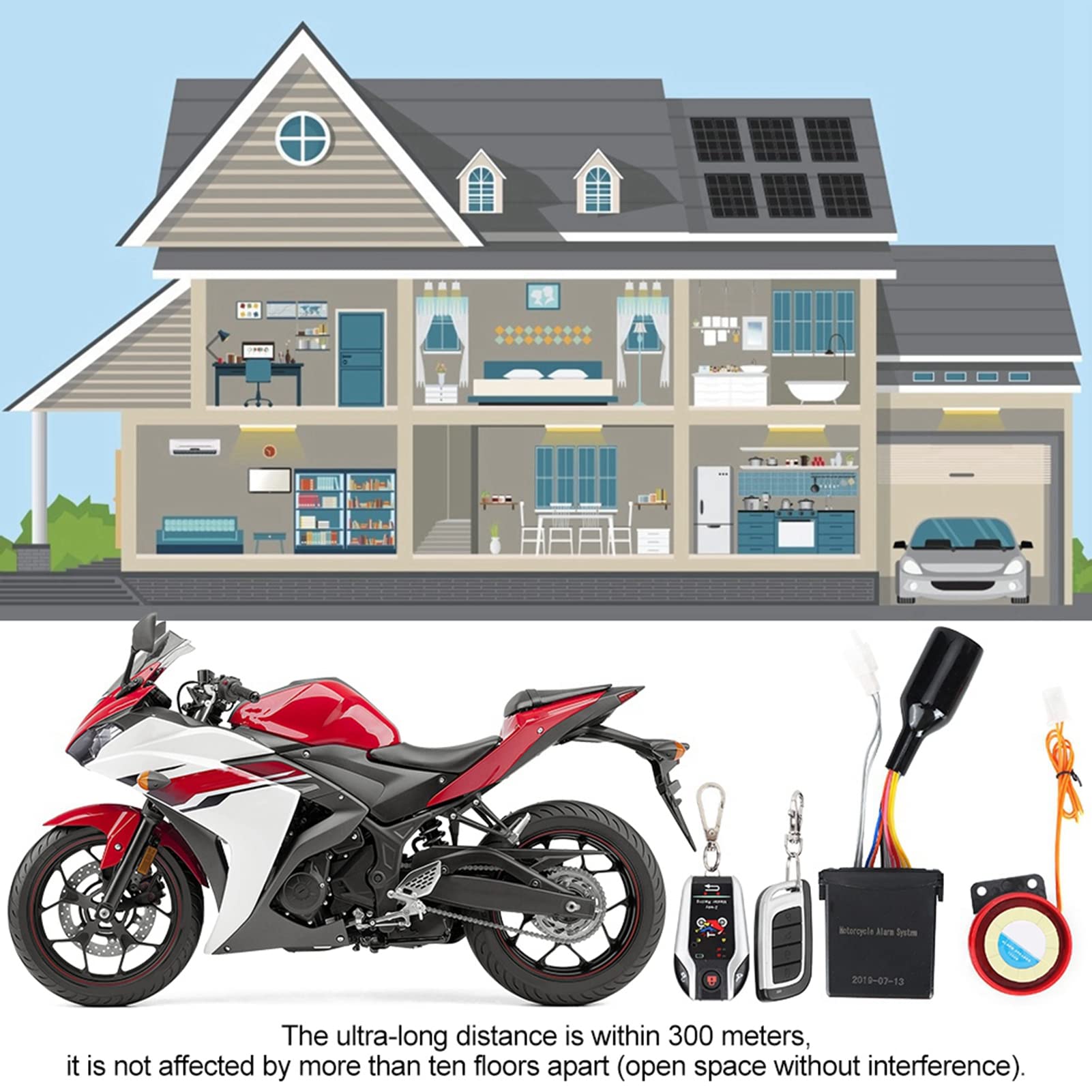 CHICIRIS di Allarme Moto, Antifurto | con Clacson, Spegnimento Motore con Avviamento Remoto, Portata 300 M, Avviso da 105 a 125 DB, per Motocicli a 12 V