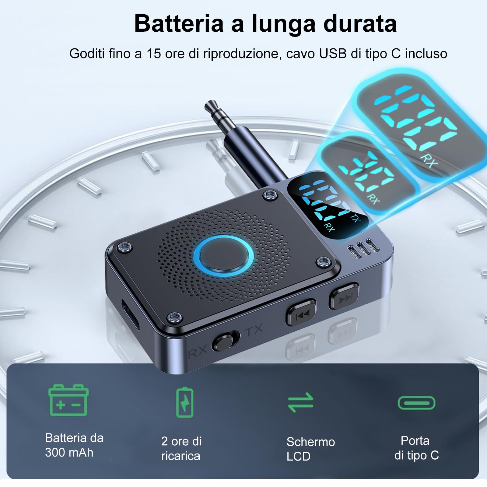 Adattatore Bluetooth V5.4 per TV audio su cuffie, trasmettitore 2 in 1, con jack AUX 3,5 mm e 14 ore di riproduzione