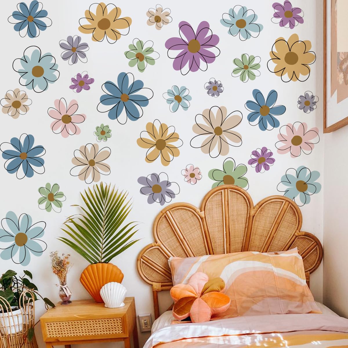 Runtoo Daisy Wall Decals Floral Boho Flower Wall Art Stickers for Girls Bedroom Nursery Kids Wall Decor, Boho Daisy