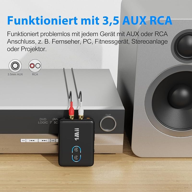 1Mii ML302+ Emițător-receptor Bluetooth 5.3 pentru TV și sistem stereo, adaptor audio AUX 3,5 mm și RCA, aptX LL HD Adaptive, conexiune duală, 30 de ore
