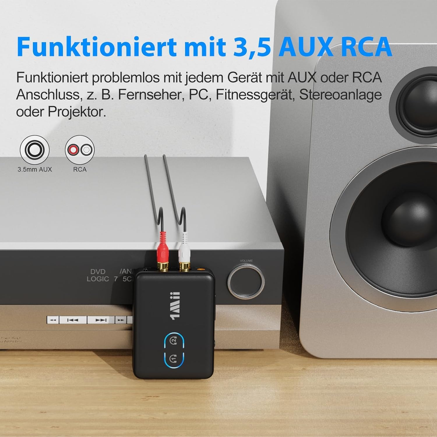 1Mii ML302+ Bluetooth 5.3 Sender Empfänger für TV & Stereoanlage, Audio Adapter mit aptX LL/HD/Adaptive, Dual Link für 2 Kopfhörer und Lautsprecher, AUX 3,5 mm RCA Cinch, 30 Std Akkulaufzeit