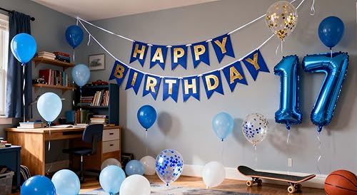 Miniatura 34 de Decoraciones de cumpleaños número 10, color azul para niños y niñas, pancarta de feliz cumpleaños número 10, globos de papel de aluminio de látex