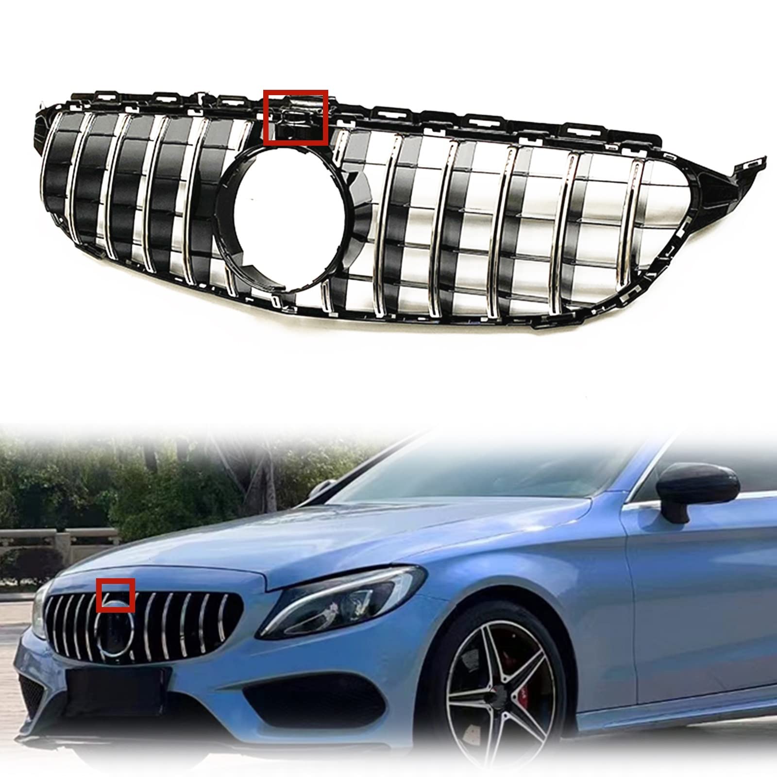 Grille de calandre argentée W205 avec trou caméra pour protéger et sublimer votre Classe C