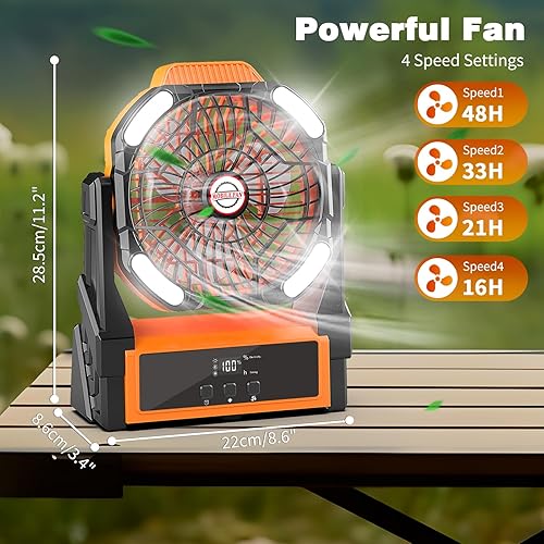 Miniatura 6 de Sendowtek Ventilador de batería de campamento portátil de 20000 mAh, recargable con luz LED, 4 modos de viento, interruptor temporizador, ventilador