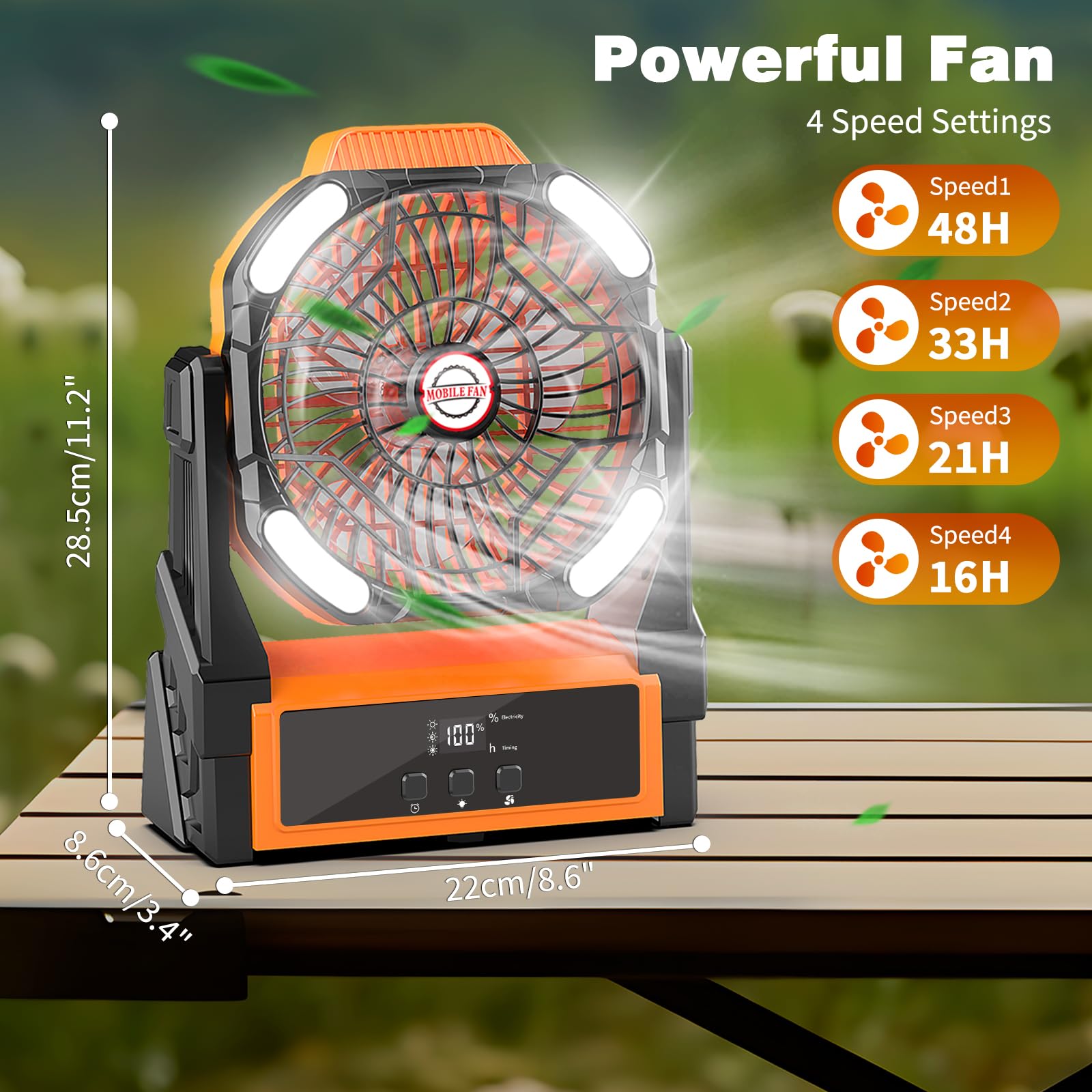 Sendowtek Ventilateur Batterie pour Camping 20000mAh, Puissant Silencieux avec Lumière LED et Crochet 4 Vitesses Réglables, Ventilateur USB sans fil portable rechargeable pour Tente Extérieur Bureau