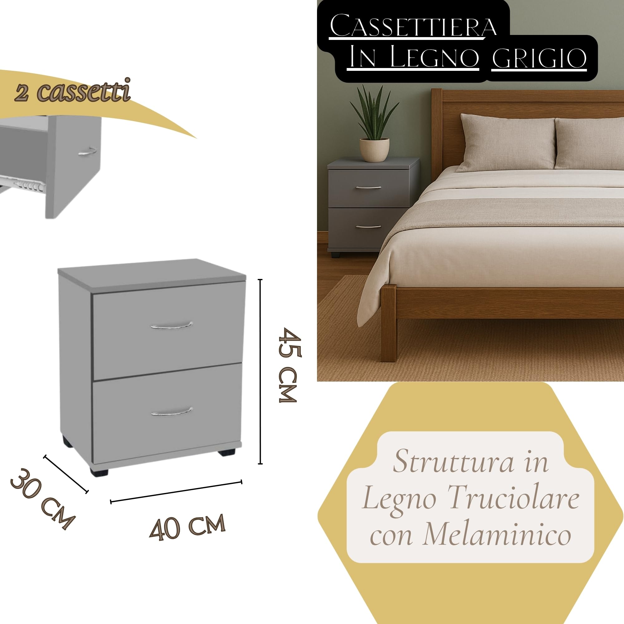 Comodino Camera da Letto con 2 Cassetti, Mobiletto Grigio 40x30x45 cm, Struttura con Melaminica e Piedini Neri