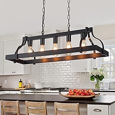 Large Modern Farmhouse Chandelier 8-Lights Black and Gold Industrial Metal Chandelier Light Fixtures for Dining Room Rectangular Linear Kitchen Island Lights UL Listed