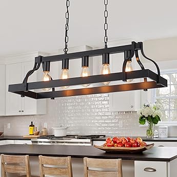 Large Modern Farmhouse Chandelier 8-Lights Black and Gold Industrial Metal Chandelier Light Fixtures for Dining Room Rectangular Linear Kitchen Island Lights UL Listed