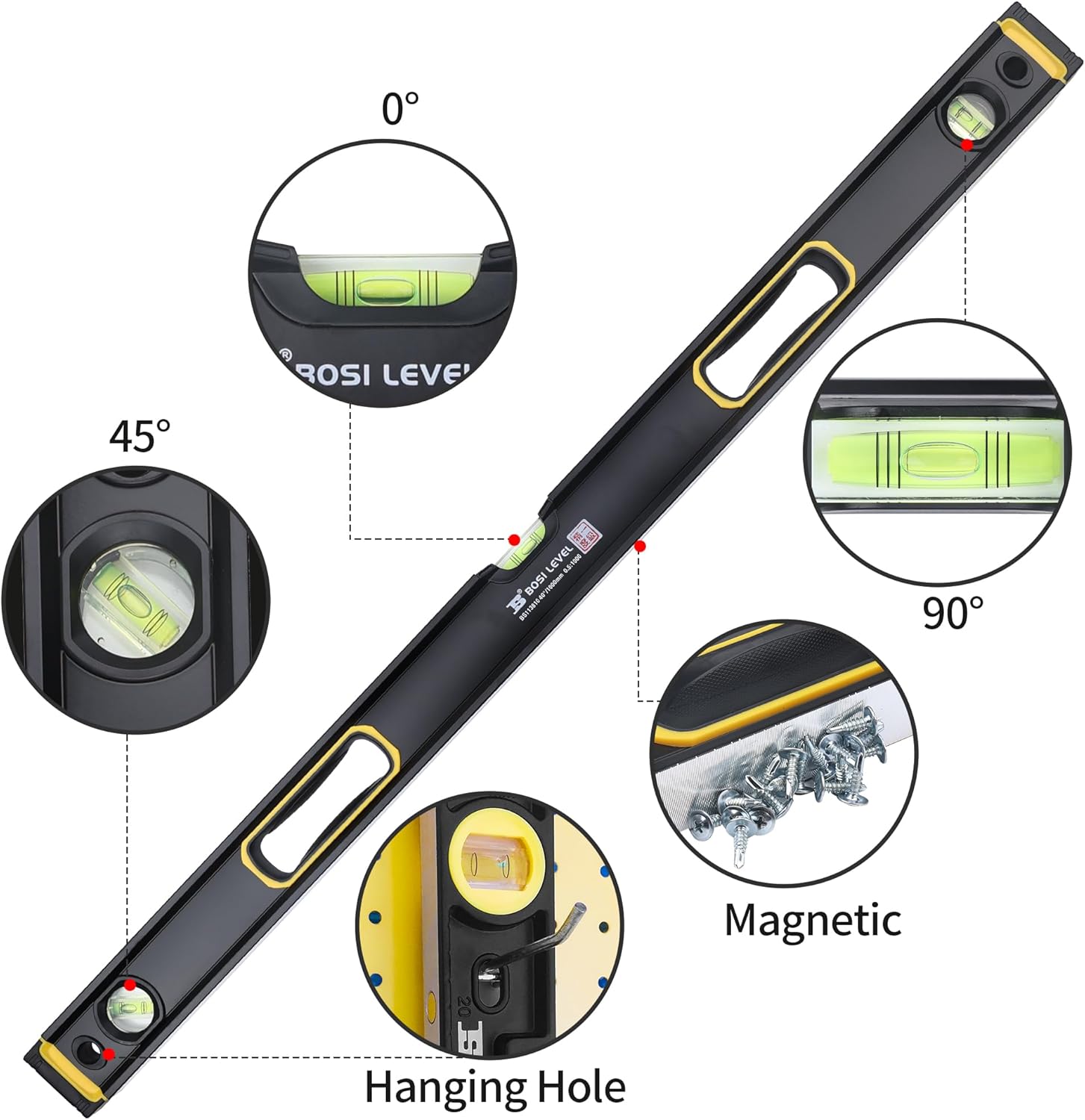 40-Inch/1000mm Magnetic Bubble Level, Dual-View with High Strength Aluminum Alloy Frame, Accuracy 180°/45°/90° 3-Vial Shock Absorbing End Cap, Professional for Leveling & Measuring