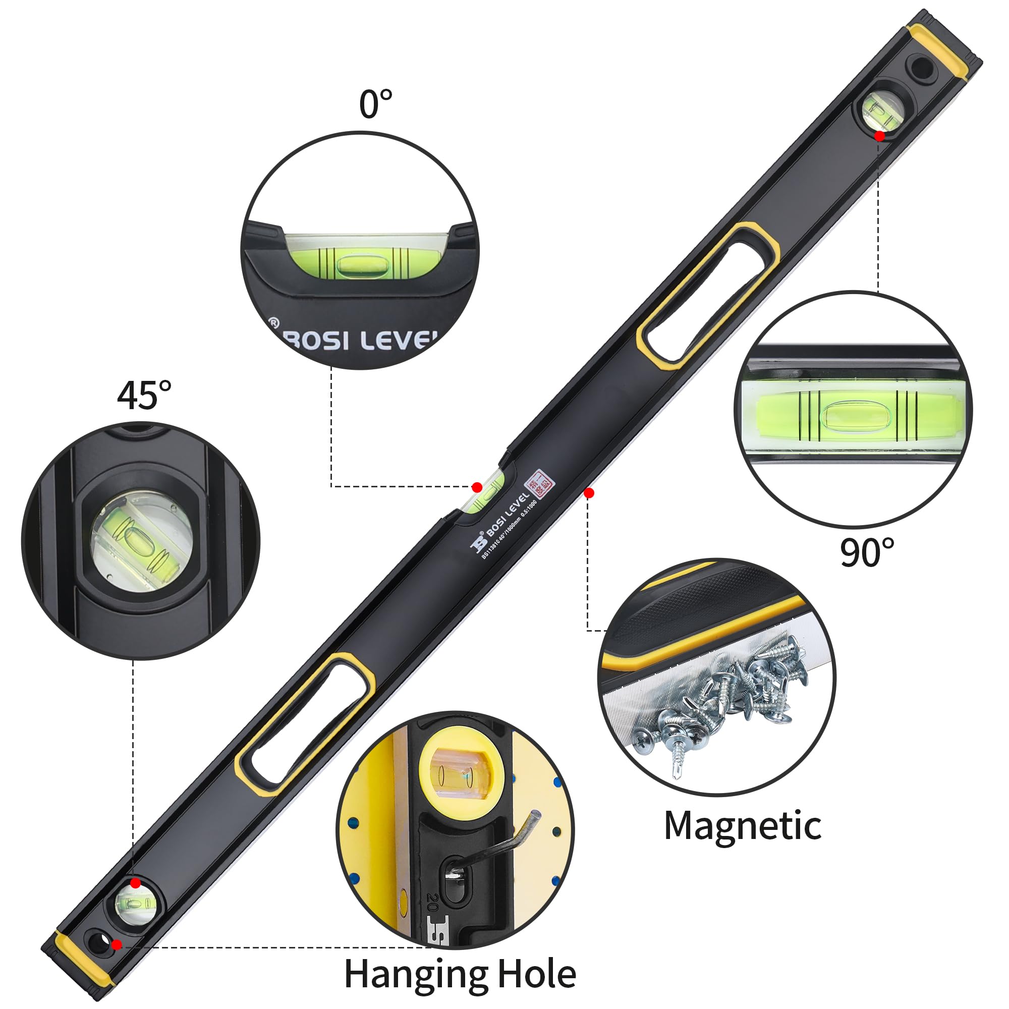 Livella magnetica della bolla di 40"/1000mm, Dual-View/lega di alluminio ad alta resistenza | Precisione 180°/45°/90° 3-Vial, tappo terminale ammortizzante, professionale per livellamento/misurazione