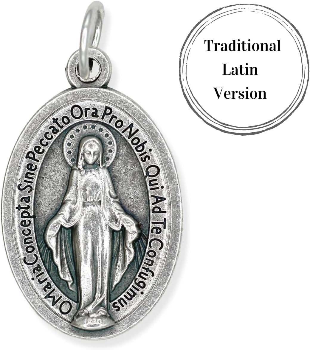 Caritas et Fides Pack of 10 - Latin Miraculous Medals - 1" Silver Oxidized Finish Immaculate Mary Medal, Catholic Pendant for Necklace or Rosary, Made in Italy - Image 2