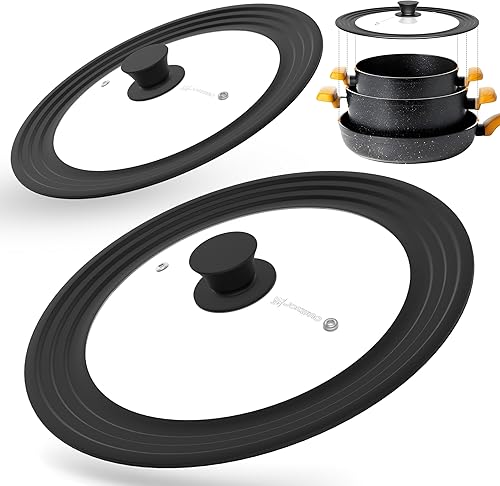 Miniatura 2 de Tapa de vidrio de silicona color negro paquete de dos tapa universal de vidrio de silicona para ollas y sartenes de 8 a 11 pulgadas tapa de vidrio