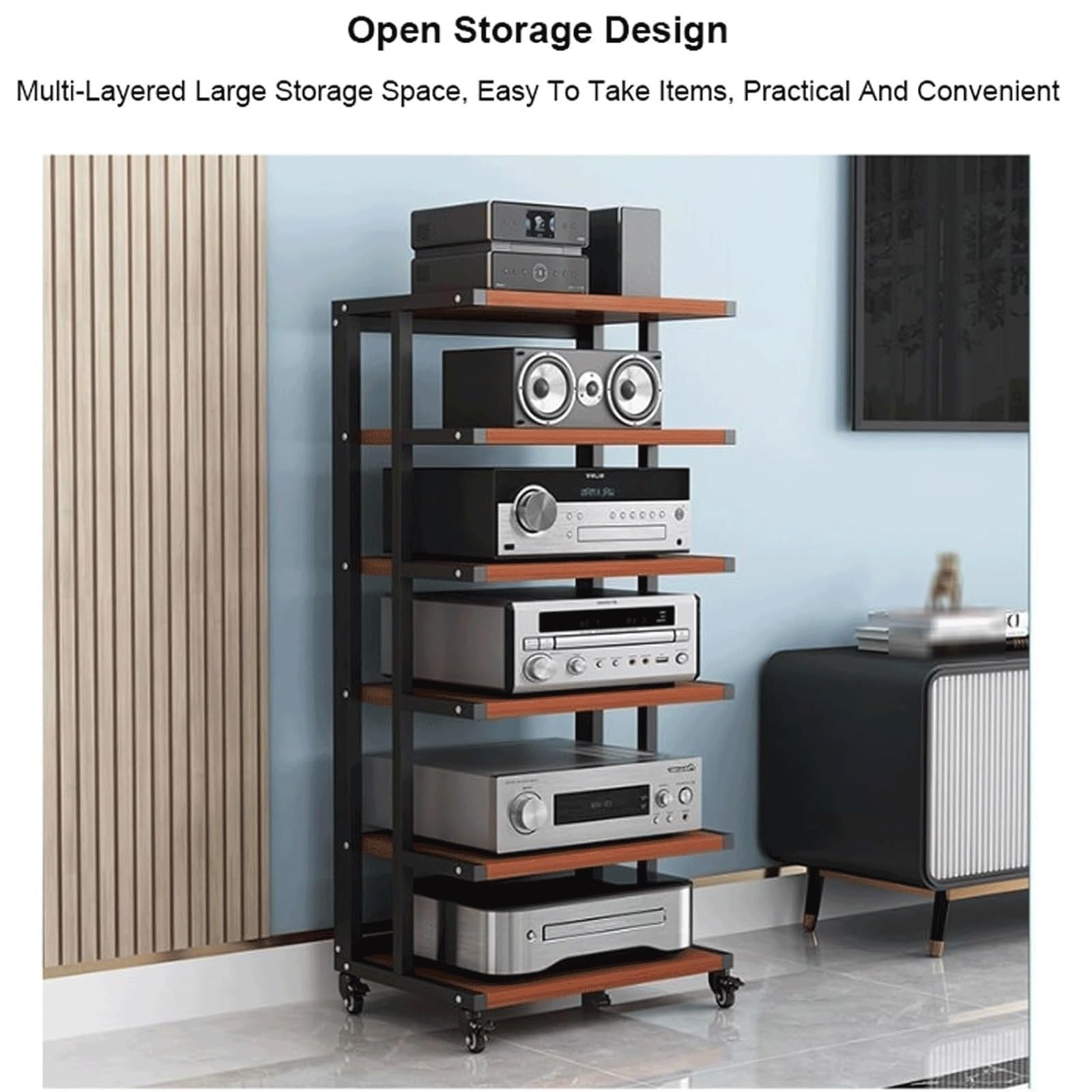 Audio-Rack, bewegliches Stereo-Rack, Audio-Geräte-Rack, Audio-Stereo-Regal, offenes HiFi-Rack aus Holz, Audio-Video-Regal mit Rädern(Red,5 Tier)